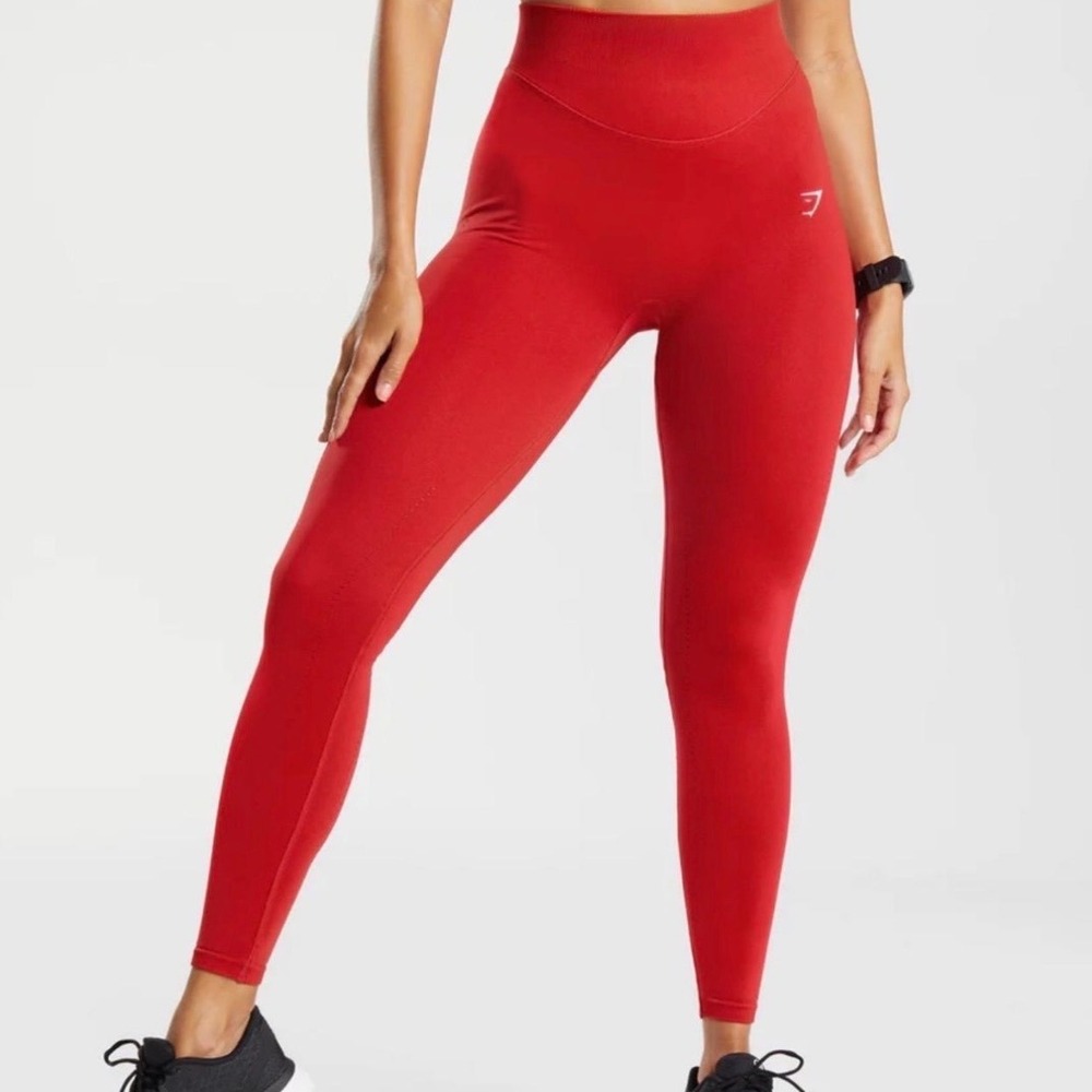 Gymshark Womens High Waisted Training Leggings Red Logo Activewear Size Medium